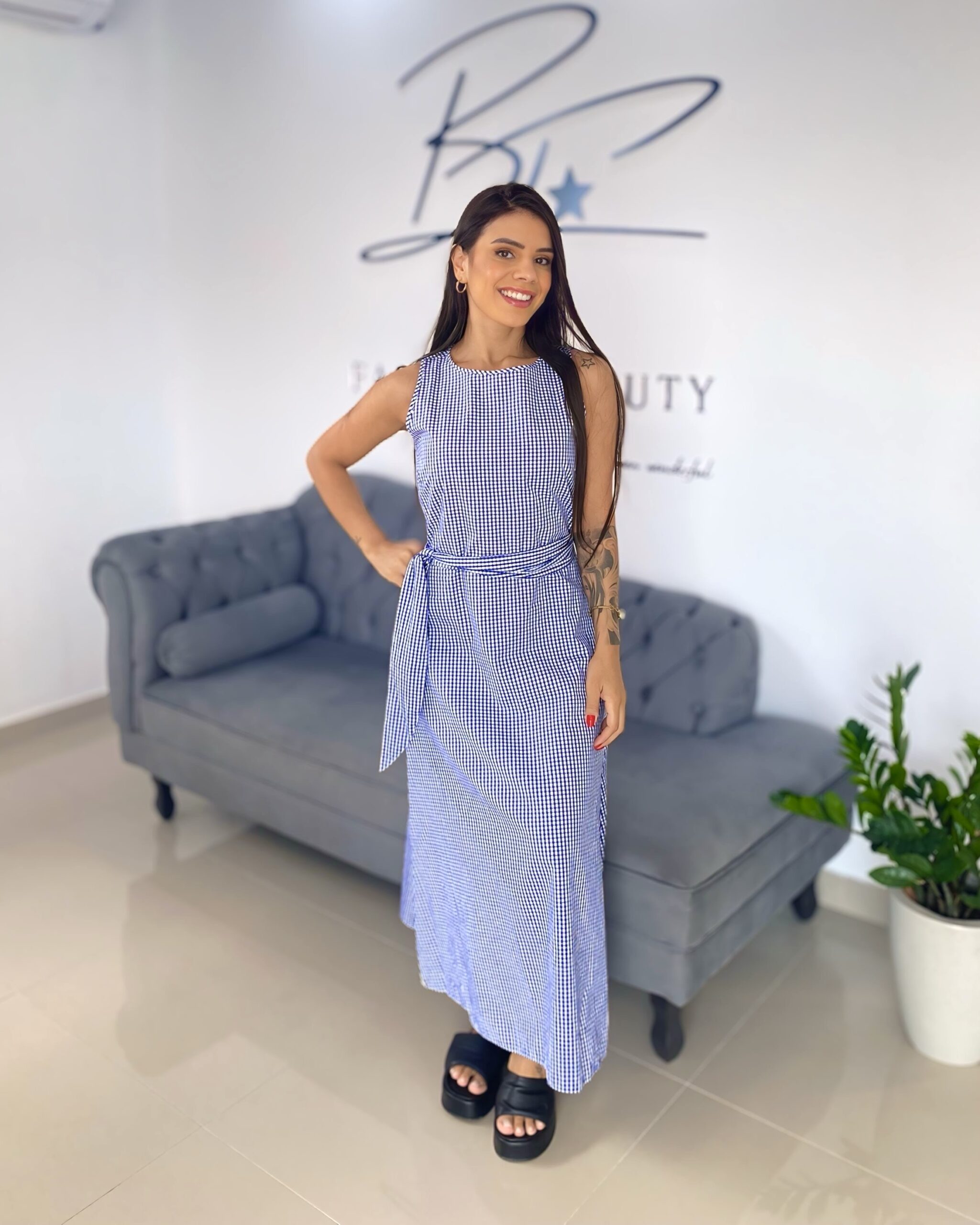 Vestido xadrez azul midi